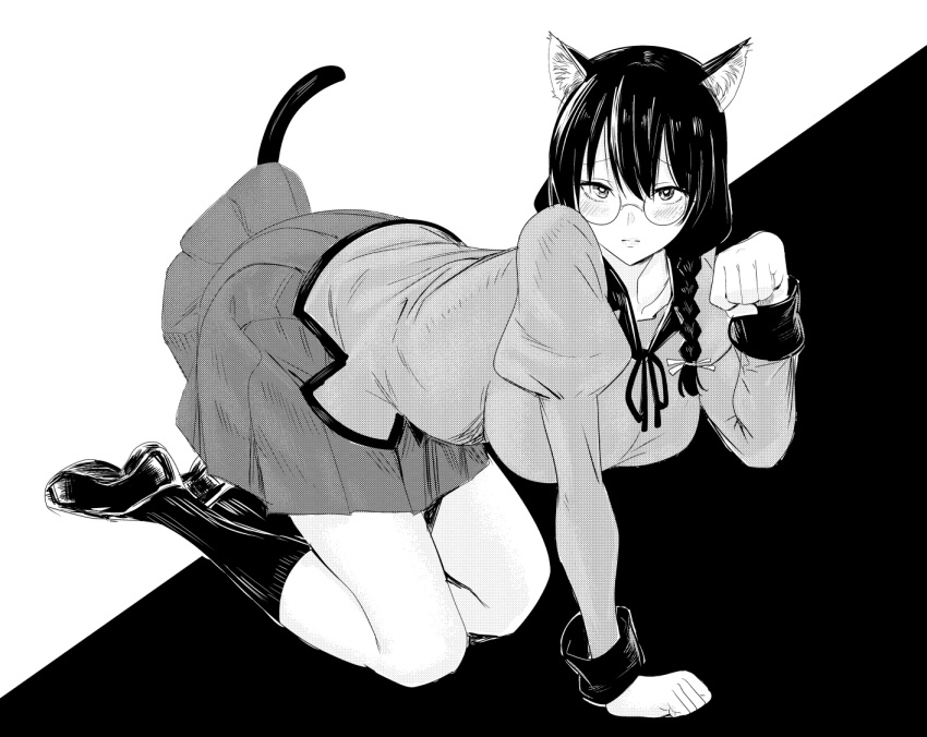 all_fours animal_ears bad_id bad_tumblr_id bakemonogatari blush braid breasts cat_ears cat_tail embarrassed female glasses greyscale hanekawa_tsubasa large_breasts long_hair momosuke_(ishakry) monochrome monogatari_(series) naoetsu_high_school_uniform paw_pose pet_play school_uniform shoes skirt socks solo tail twin_braids