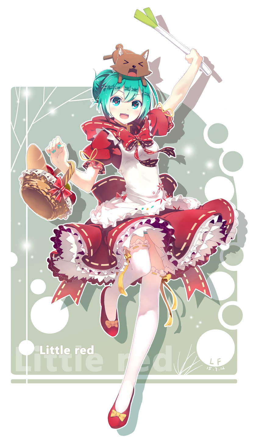 >_< absurdres alternate_hairstyle animal animal_on_head apron artist_name basket bread closed_eyes commentary dated dress english_text female food green_eyes green_hair hair_bun hatsune_miku heart heart-shaped_pupils highres linfi-muu long_hair looking_at_viewer md5_mismatch mikuzukin_(module) on_head open_mouth outstretched_arm panties project_diva_(series) resolution_mismatch ribbon ribbon-trimmed_legwear ribbon_trim single_hair_bun skirt smile solo source_smaller spring_onion striped_clothes striped_panties symbol-shaped_pupils thighhighs underwear vocaloid white_thighhighs