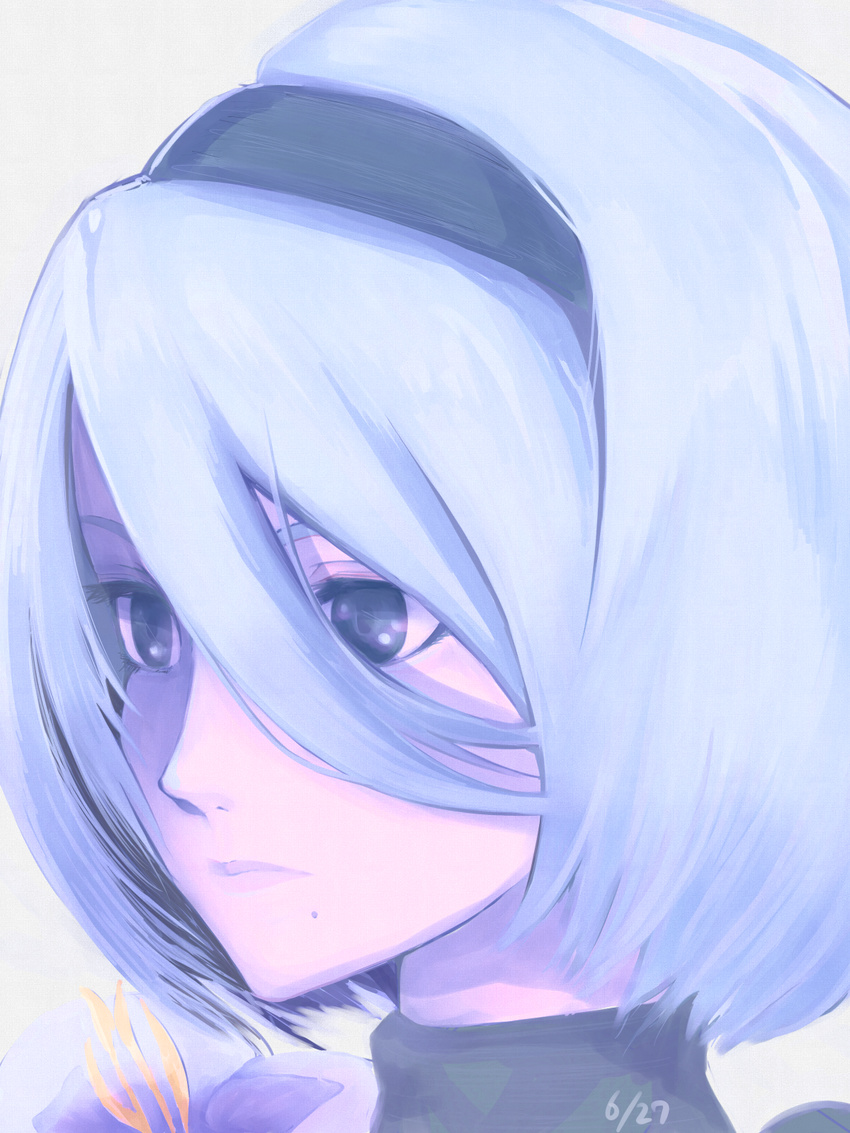 2b_(nier:automata) black_dress black_hairband blue_eyes closed_mouth commentary_request dated dress eyelashes female hair_between_eyes hairband highres juliet_sleeves kinpun_(fgxdw447) long_sleeves looking_away mole mole_under_mouth nier:automata nier_(series) no_blindfold portrait puffy_sleeves short_hair simple_background solo turtleneck white_background white_hair