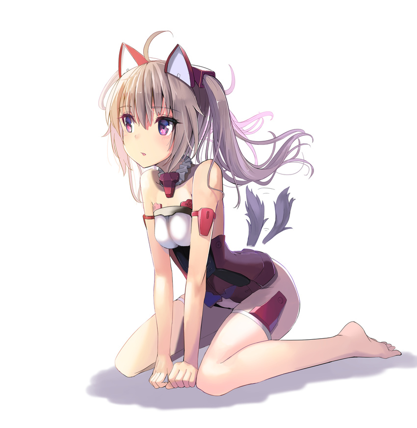 ahoge animal_ears arm_support bare_arms bare_legs bare_shoulders barefoot blonde_hair breasts cat_ears commentary_request detached_collar fake_animal_ears female frame_arms_girl full_body headgear highres innocentia leaning_forward long_hair motion_lines parted_lips purple_eyes shadow simple_background sitting small_breasts solo sunga2usagi tail twintails wariza white_background