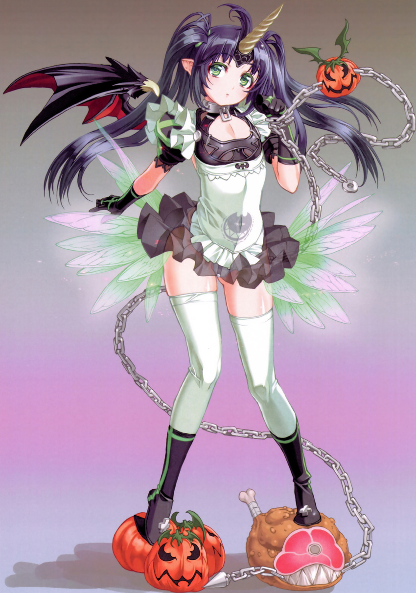 absurdres ahoge apron arm_at_side ass_visible_through_thighs beelzebub_(the_seven_deadly_sins) black_dress black_gloves black_wings chains cleavage_cutout clothing_cutout collar demon_girl demon_wings dress female flat_chest frilled_apron frills full_body gimp_(medium) gloves gradient_background green_eyes hair_ornament hair_tie hand_up highres horns jack-o'-lantern long_hair nishii_(damnedrive) official_art parted_bangs pointy_ears puffy_short_sleeves puffy_sleeves purple_hair scan short_dress short_sleeves single_horn solo spread_wings standing the_seven_deadly_sins thighhighs twintails waist_apron white_apron white_thighhighs wings