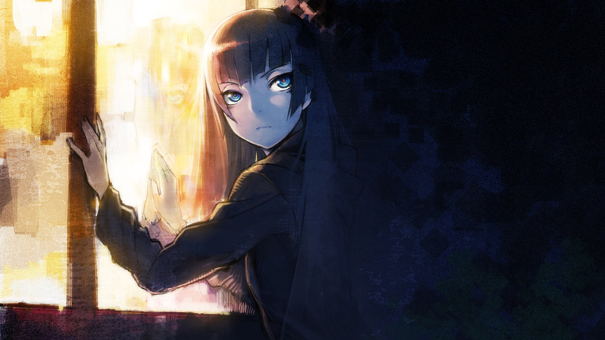 black_hair blue_eyes blunt_bangs dark expressionless female game_cg highres hime_cut long_hair looking_back mitsurugi_yoishi namaniku_atk phenomeno reflection solo window