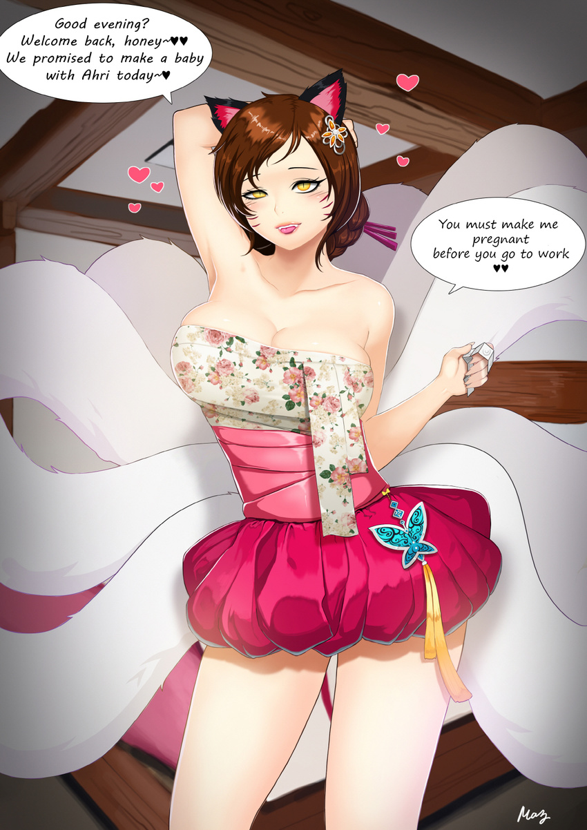 adapted_costume ah-lyong_lee ahri alternate_costume animal_ears armpits bare_shoulders blush breasts brown_hair cleavage dynasty_ahri edit english facial_mark floral_print fox_ears fox_tail heart highres large_breasts league_of_legends multiple_tails short_hair skirt solo tail translated whisker_markings yellow_eyes