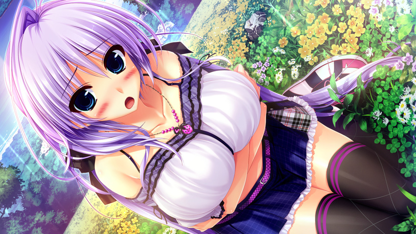 antenna_hair aqua_eyes blush breasts crossed_arms dutch_angle female field flower flower_field game_cg hoshizaki_ouka jewelry large_breasts long_hair midriff necklace non-web_source official_art open_mouth oshiki_hitoshi outdoors purple_hair sakigake_generation! seiza shoes sitting skirt sneakers solo