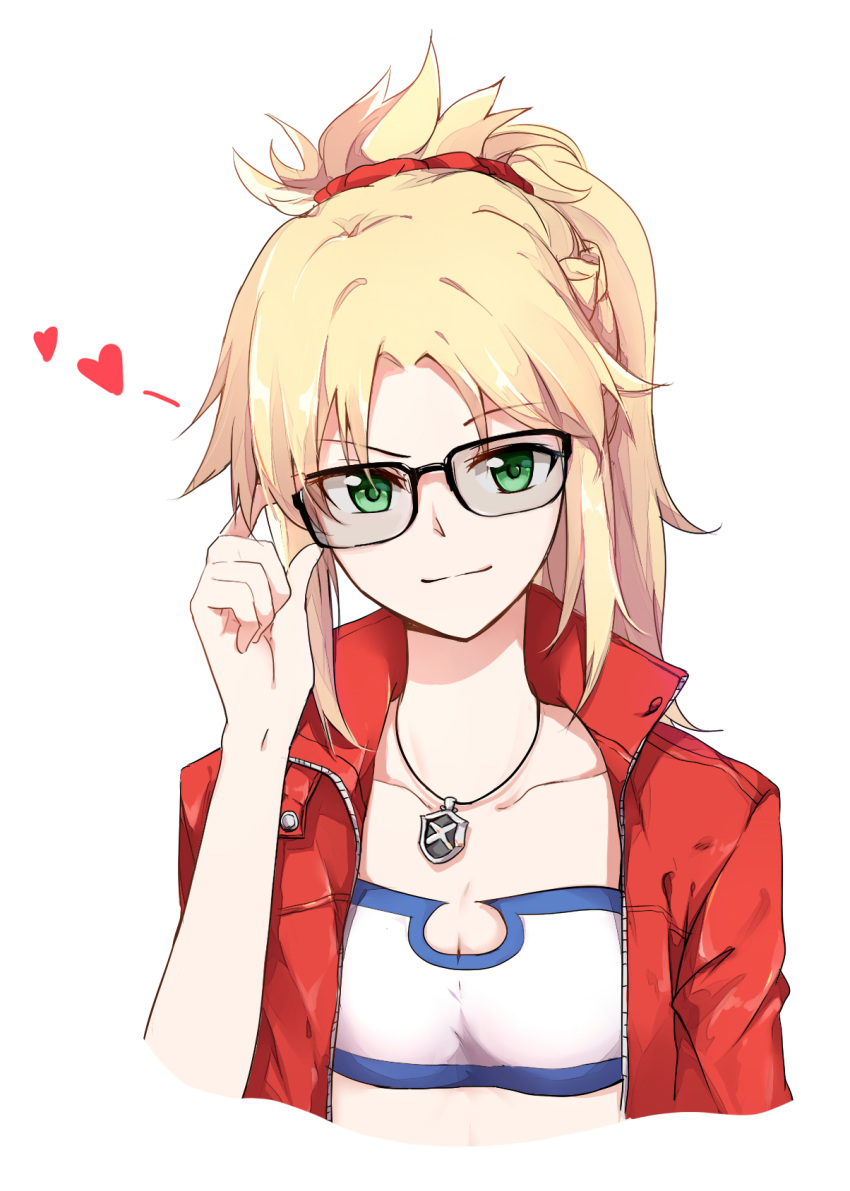 adjusting_eyewear bespectacled black-framed_eyewear blonde_hair breasts cleavage commentary_request fate/apocrypha fate_(series) female gemi_25 glasses green_eyes hair_ornament hair_scrunchie head_tilt heart highres jacket jewelry looking_at_viewer medium_hair mordred_(fate) mordred_(fate/apocrypha) mordred_(memories_at_trifas)_(fate) necklace open_clothes open_jacket ponytail red_jacket red_scrunchie scrunchie small_breasts solo spiked_hair upper_body