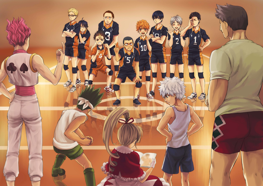 6+boys absurdres azumane_asahi biscuit_krueger black_hair blonde_hair blue_hair boots brown_eyes brown_hair closed_eyes club_(shape) commentary cowering crossed_arms crossover dress english_commentary facepalm facial_hair female fighting_stance glasses goatee gon_freecss green_hair grey_hair haikyuu!! hand_on_own_hip headband highres hinata_shouyou hisoka_morow hunter_x_hunter kageyama_tobio kai-yan karasuno_volleyball_uniform killua_zoldyck knee_pads middle_finger multicolored_hair multiple_boys nishinoya_yuu open_mouth orange_hair ponytail razor_(hunter_x_hunter) red_hair reflection sawamura_daichi scared short_hair shorts sitting smile spade_(shape) spiked_hair sportswear sugawara_koushi tanaka_ryuunosuke tank_top tsukishima_kei two-tone_hair volleyball_uniform white_hair yamaguchi_tadashi