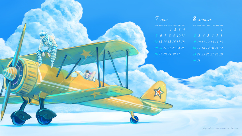 2boys aircraft airplane aviator_cap biplane brown_hair caesar_anthonio_zeppeli calendar_(medium) cloud commentary_request day highres jojo_no_kimyou_na_bouken joseph_joestar joseph_joestar_(young) multiple_boys official_alternate_costume pants shishimaru_(polar_museum) striped_clothes striped_pants vehicle_focus white_hair