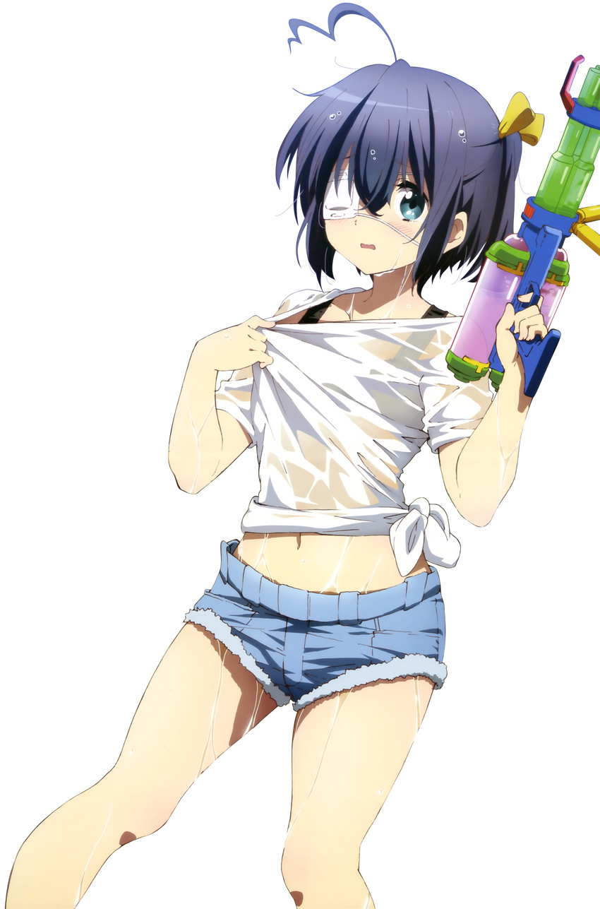 ahoge artist_request black_bra blue_hair bra check_artist chuunibyou_demo_koi_ga_shitai! denim denim_shorts extraction eyepatch female green_eyes highres medical_eyepatch mg_renders navel one_side_up ribbon see-through short_shorts shorts solo takanashi_rikka transparent_background underwear water_gun wet