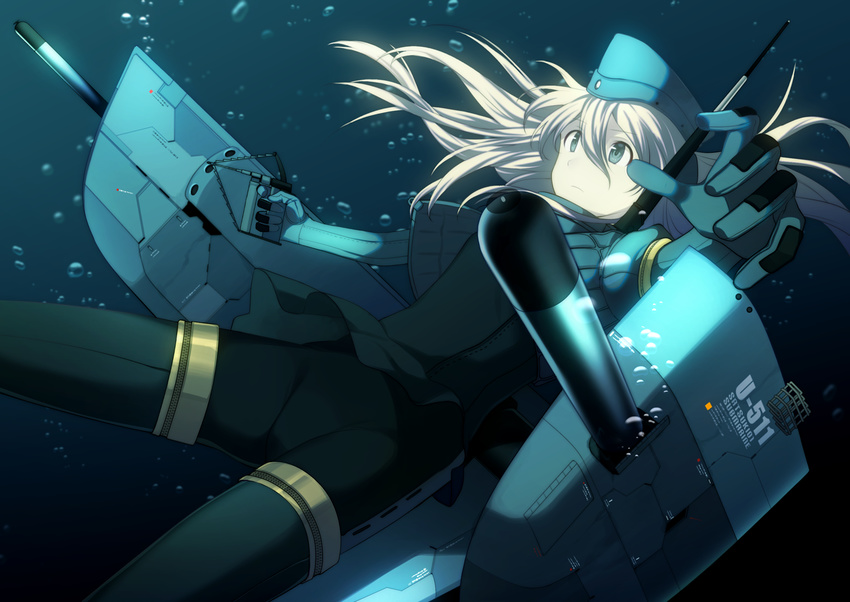 air_bubble aqua_eyes blonde_hair bubble commentary_request expressionless female garrison_cap gloves hat kantai_collection long_hair looking_up sahuyaiya skin_tight solo torpedo u-511_(kancolle) underwater