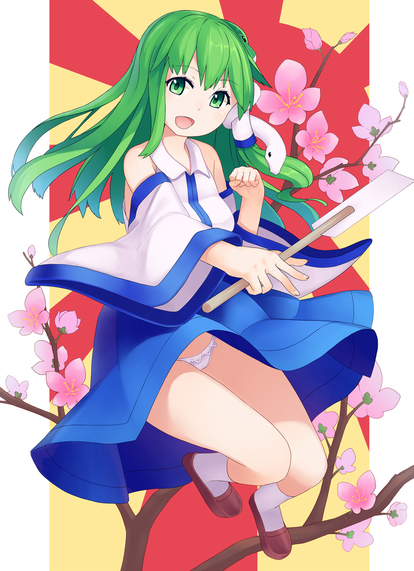 bare_shoulders clenched_hand commentary_request detached_sleeves female flower frog_hair_ornament gohei green_eyes green_hair hair_ornament hair_tubes highres kochiya_sanae long_hair mikan_(bananoha) open_mouth panties pantyshot skirt smile snake_hair_ornament solo touhou underwear white_panties