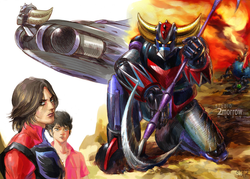 1970s_(style) 2boys blade brown_hair commentary_request crossover duke_fleed flying gongyoung-seok grendizer holding holding_weapon kabuto_kouji korean_text looking_afar looking_at_viewer mazinger_(series) mazinger_z mecha mecha_focus multiple_boys open_clothes open_shirt photoshop_(medium) pilot_suit realistic red_shirt retro_artstyle robot science_fiction serious shirt sideburns spacecraft spoilers ufo_robo_grendizer watermark wavy_hair weapon web_address