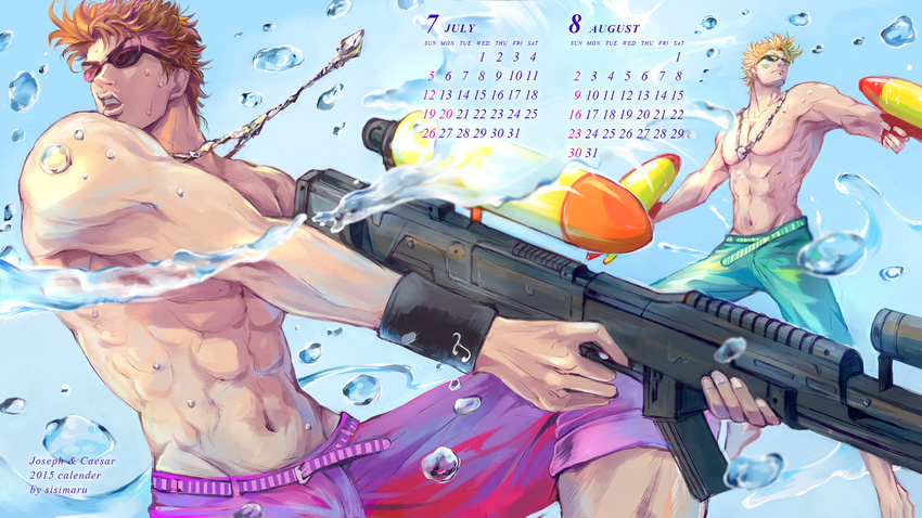 2boys blonde_hair brown_hair caesar_anthonio_zeppeli calendar_(medium) commentary_request highres jewelry jojo_no_kimyou_na_bouken joseph_joestar joseph_joestar_(young) male_focus male_swimwear multiple_boys necklace shishimaru_(polar_museum) sunglasses super_soaker swim_trunks topless_male