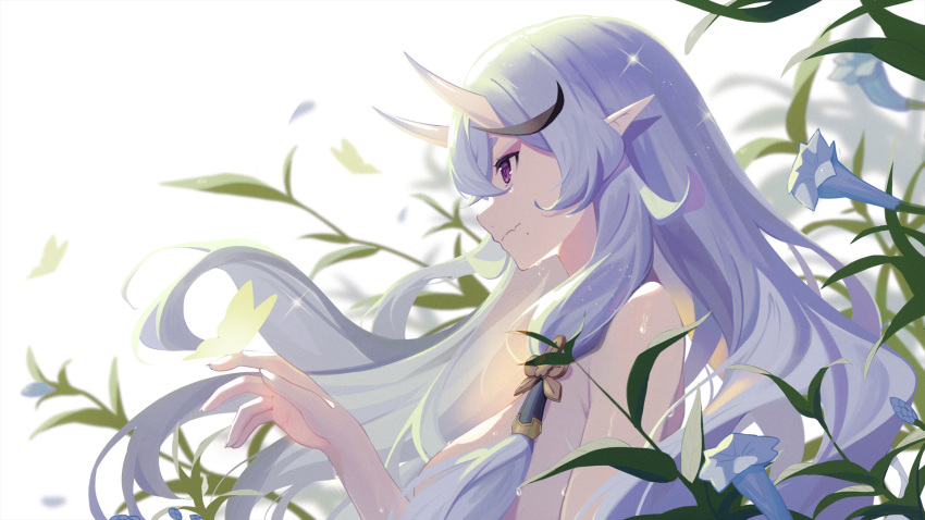 baseness closed_mouth commentary_request female floating_hair flower from_side grey_hair hair_between_eyes hair_tubes highres horns long_hair mole mole_under_mouth nijisanji nude photoshop_(medium) pointy_ears purple_eyes rindou_mikoto solo sparkle upper_body very_long_hair virtual_youtuber white_background white_flower