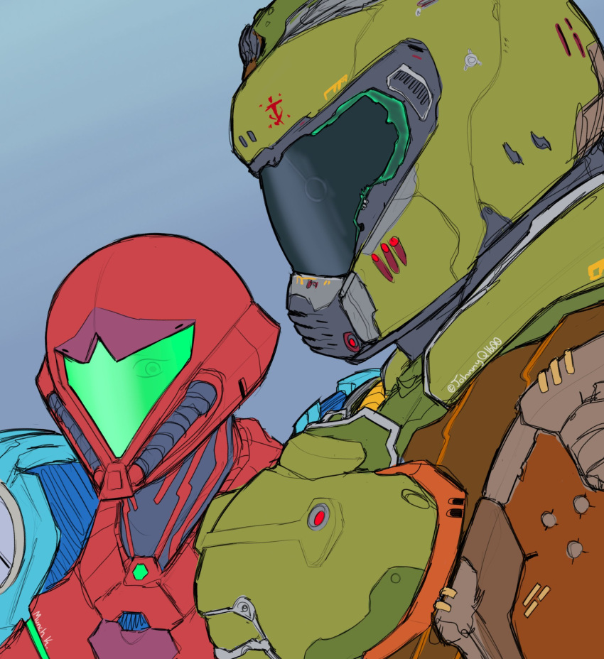 1boy armor assault_visor breasts commentary crossover doom_(series) doom_eternal doomguy female girl_staring_at_guy's_chest_(meme) gloves green_visor grey_visor helmet highres looking_at_viewer mark_of_the_doom_slayer meme metroid metroid_dread munch_k parody pectorals power_suit power_suit_(metroid) praetor_suit samus_aran science_fiction simple_background three_quarter_view