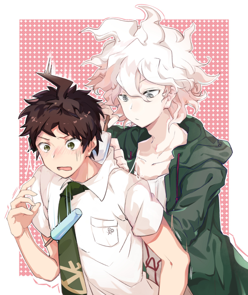 2boys ahoge blush breast_pocket brown_hair clothes_pull cold collared_shirt commentary danganronpa_(series) danganronpa_2:_goodbye_despair falling food green_eyes green_jacket grey_eyes hair_between_eyes highres hinata_hajime holding holding_food hood hooded_jacket jacket komaeda_nagito looking_at_another male_focus medium_hair messy_hair midou_(grk12138) multiple_boys necktie open_mouth pink_background pocket popsicle shirt shirt_pull short_hair short_sleeves trembling white_background white_hair white_shirt