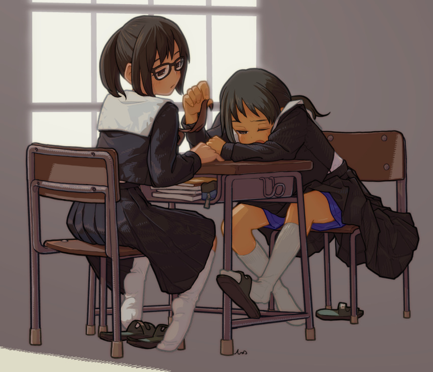 2girls black_hair chair commentary desk glasses jimiko kneehighs multiple_girls one_eye_closed original ponytail school_chair school_desk school_uniform serafuku shoes shorts shorts_under_skirt single_shoe sitting slippers socks tessaku_ro unworn_slippers white_legwear