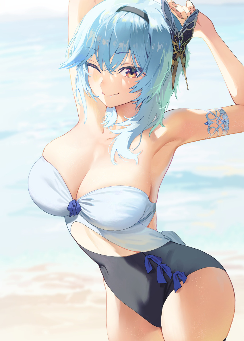 absurdres armlet armpits arms_up bangs beach black_hairband blue_bow blue_hair bow breasts butterfly_hair_ornament cleavage closed_mouth covered_navel cowboy_shot crossed_bangs day dorontabi eula_(genshin_impact) female genshin_impact hair_intakes hair_ornament hairband highres medium_hair one_eye_closed outdoors sidelocks skindentation smile solo swimsuit two-tone_swimsuit