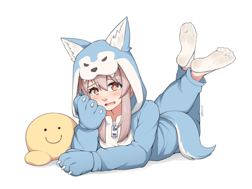 animal_ear_fluff animal_hands animal_hood artist_logo artist_name blue_gloves blue_pajamas blush brown_eyes brown_hair commentary crossed_legs english_commentary eyelashes feet feet_up female full_body gloves hair_between_eyes hand_up hood long_hair lululewd lying mixed-language_commentary no-show_socks no_shoes on_stomach onii-chan_wa_oshimai! open_mouth oyama_mahiro paid_reward_available pajamas paw_gloves sidelocks simple_background socks soles solo stuffed_toy tail the_pose toes wavy_hair white_background white_socks wolf_hood wolf_tail