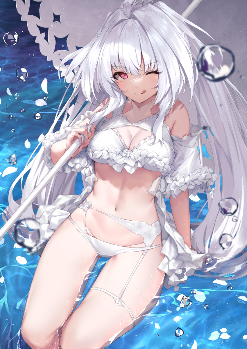 ahoge bare_shoulders bikini breasts cleavage fate/grand_order fate_(series) female frilled_bikini frills highres lady_avalon_(fate) lady_avalon_(second_ascension)_(fate) long_hair looking_at_viewer medium_breasts merlin_(fate/prototype) navel one_eye_closed parasol purple_eyes reuri_(tjux4555) smile solo swimsuit thighs umbrella very_long_hair white_bikini white_hair