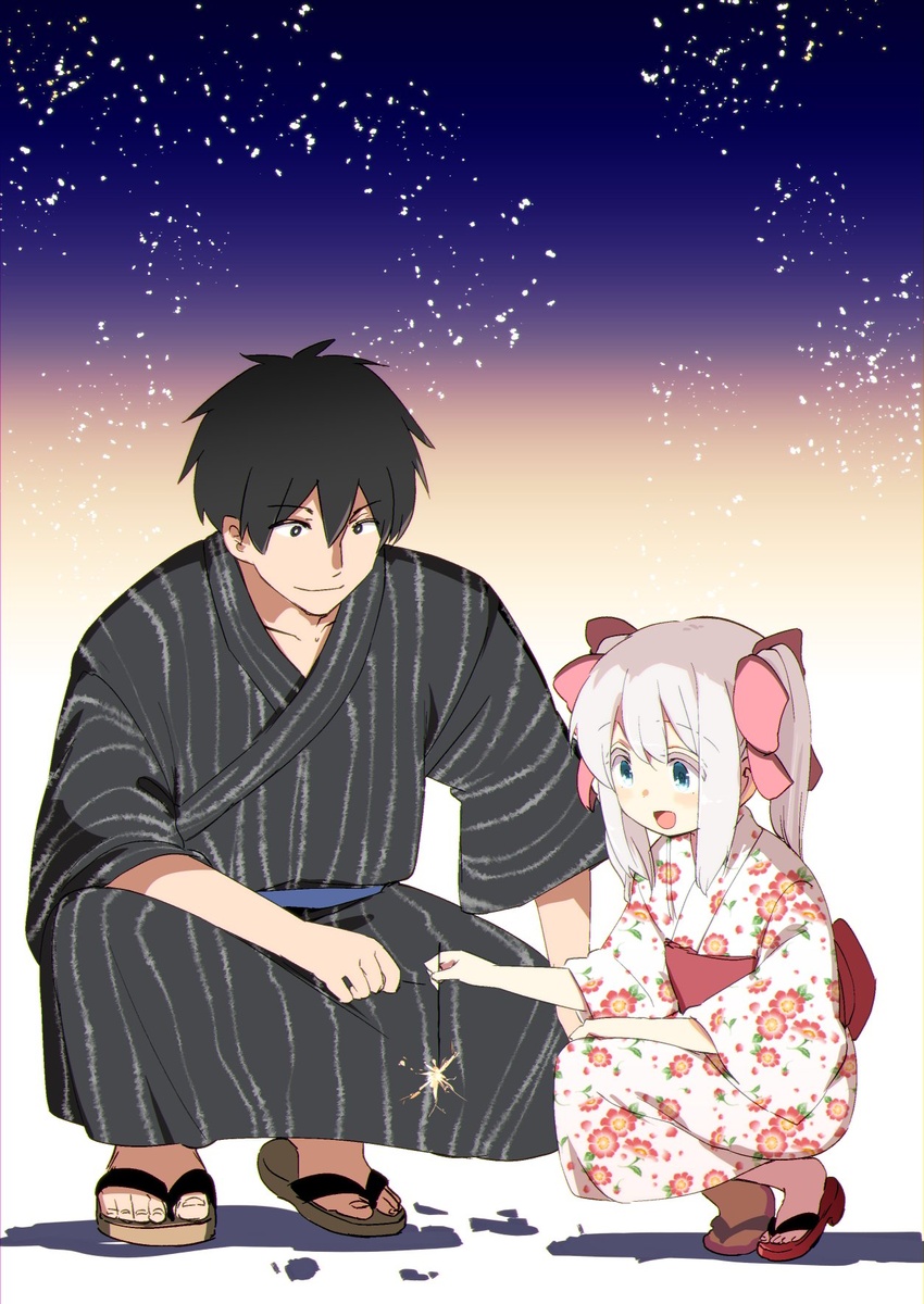 1boy :d black_kimono blue_eyes blue_sash bow dale_lecky female fireworks floral_print hairbow highres hota japanese_clothes kimono latina_(uchi_no_musume_no_tame_naraba) lolicon looking_at_viewer medium_hair obi open_mouth red_bow red_sash sandals sash smile sparkler squatting twintails uchi_no_musume_no_tame_naraba_ore_wa_moshikashitara_maou_mo_taoseru_kamo_shirenai. white_kimono