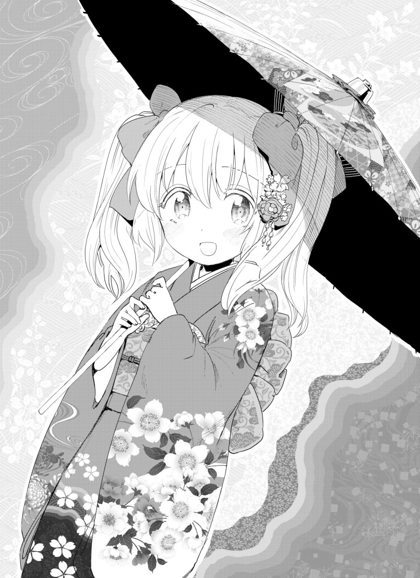 :d blush dot_nose dutch_angle female floral_print greyscale highres holding holding_umbrella hota japanese_clothes kimono latina_(uchi_no_musume_no_tame_naraba) looking_at_viewer medium_hair monochrome obi oil-paper_umbrella open_mouth sash smile solo standing twintails uchi_no_musume_no_tame_naraba_ore_wa_moshikashitara_maou_mo_taoseru_kamo_shirenai. umbrella