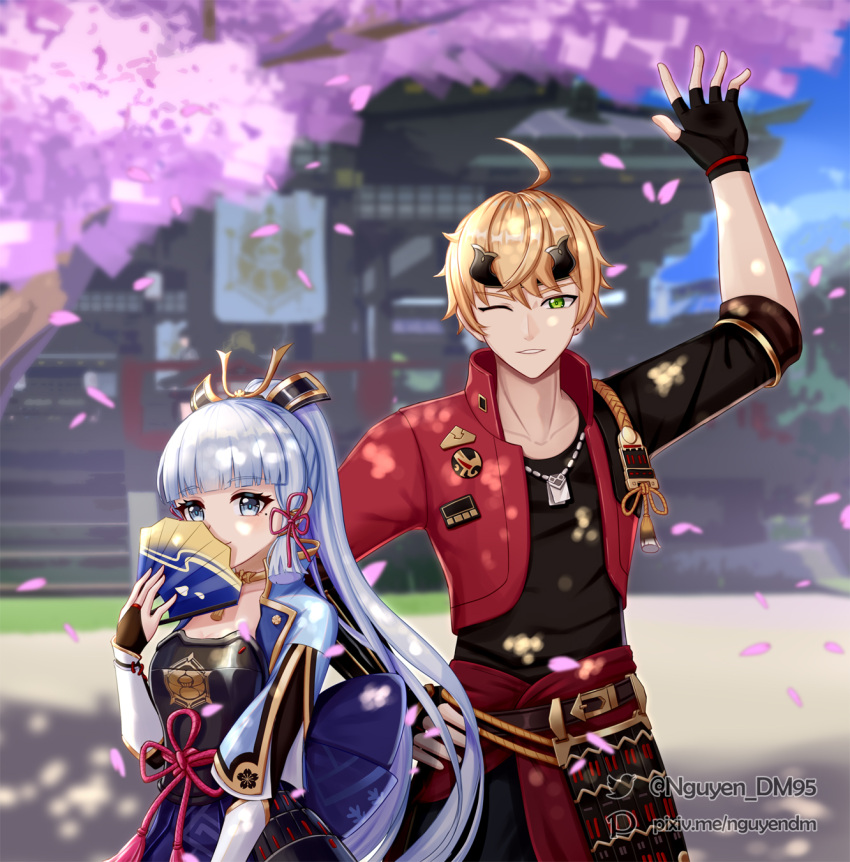 1boy 3d_background ;) arm_up armor armored_dress black_gloves blunt_bangs blurry bow cherry_blossoms choker collarbone commentary covering_own_mouth depth_of_field dm_(nguyen_dm95) dog_tags english_commentary eyeshadow female fingerless_gloves folding_fan genshin_impact gloves green_eyes grey_eyes hair_ornament hair_ribbon hairbow hand_fan headband highres holding japanese_clothes jewelry kamisato_ayaka kamisato_clan_(emblem) light_brown_hair long_hair looking_at_viewer makeup mole mole_under_eye necklace one_eye_closed petals ponytail ribbon shrine sidelocks smile thoma_(genshin_impact) tree tress_ribbon waving white_hair