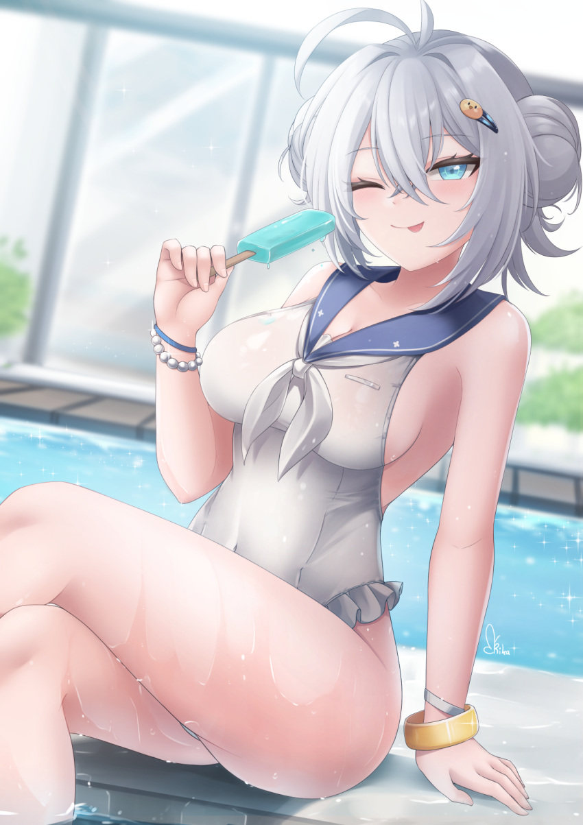 antenna_hair arm_support artist_name azur_lane blue_eyes blue_sailor_collar blurry blurry_background bracelet breasts casual_one-piece_swimsuit cleavage commentary covered_navel crossed_legs day double_bun english_commentary engrish_commentary female food frilled_one-piece_swimsuit frills grey_hair hair_between_eyes hair_bun hair_ornament hairclip highres jade_(a_lick_of_summer)_(azur_lane) jade_(azur_lane) jewelry large_breasts legs light_blush looking_at_viewer mixed-language_commentary neckerchief official_alternate_costume one-piece_swimsuit one_eye_closed pool poolside popsicle rika_ryne sailor_collar sideboob sidelocks signature sitting solo sunlight swimsuit thighs tongue tongue_out white_neckerchief white_one-piece_swimsuit wristband