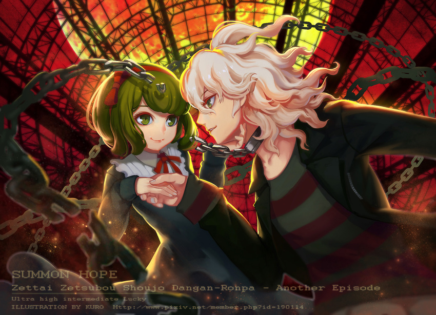 1boy artist_name black_jacket blonde_hair blue_eyes catwyz chains collar copyright_name danganronpa_(series) danganronpa_another_episode:_ultra_despair_girls dress eye_contact female from_side green_dress green_eyes green_hair green_shirt grey_nails hairband hand_grab highres jacket komaeda_nagito long_sleeves looking_at_another medium_hair messy_hair metal_collar neck_ribbon official_alternate_costume open_clothes open_jacket profile red_hairband red_ribbon red_shirt ribbon servant_(danganronpa) shirt short_hair smile striped_clothes striped_shirt towa_monaca upper_body watermark web_address white_hair