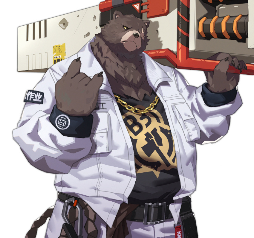 1boy absurdres animal_ears bara bear_boy bear_ears belly belt ben_bigger black_claws black_sclera black_shirt chain_necklace chains claws colored_sclera english_commentary furry furry_male gold_chain highres holding holding_weapon jacket jewelry looking_at_viewer male_focus necklace pants plump scar scar_on_face shirt smile suit tool_belt weapon white_background white_pants white_suit yed_(yedsilent) yellow_eyes zenless_zone_zero