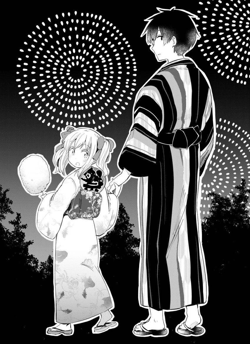 1boy aerial_fireworks blush closed_mouth dale_lecky female fireworks floral_print greyscale height_difference highres holding holding_hands hota japanese_clothes kimono latina_(uchi_no_musume_no_tame_naraba) lolicon long_sleeves looking_at_viewer looking_back medium_hair monochrome obi parted_lips sandals sash summer_festival twintails uchi_no_musume_no_tame_naraba_ore_wa_moshikashitara_maou_mo_taoseru_kamo_shirenai. wide_sleeves yukata