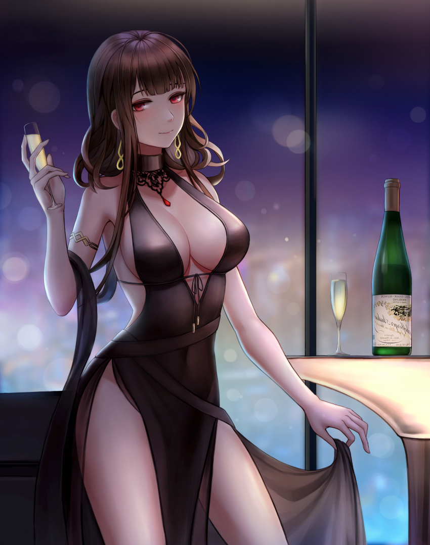 absurdres bad_id bad_pixiv_id black_dress black_ribbon blunt_bangs blurry blurry_background bottle breasts brown_hair choker cleavage closed_mouth collarbone covered_navel cup dress drinking_glass dsr-50_(girls'_frontline) dsr-50_(highest_bid)_(girls'_frontline) earrings female girls'_frontline highres holding holding_cup jewelry large_breasts lens_flare long_dress long_hair looking_at_viewer official_alternate_costume photoshop_(medium) red_eyes revealing_clothes ribbon selcky side_slit sideboob skirt_hold sleeveless sleeveless_dress smile solo standing tied_hair wavy_hair wine_bottle wine_glass