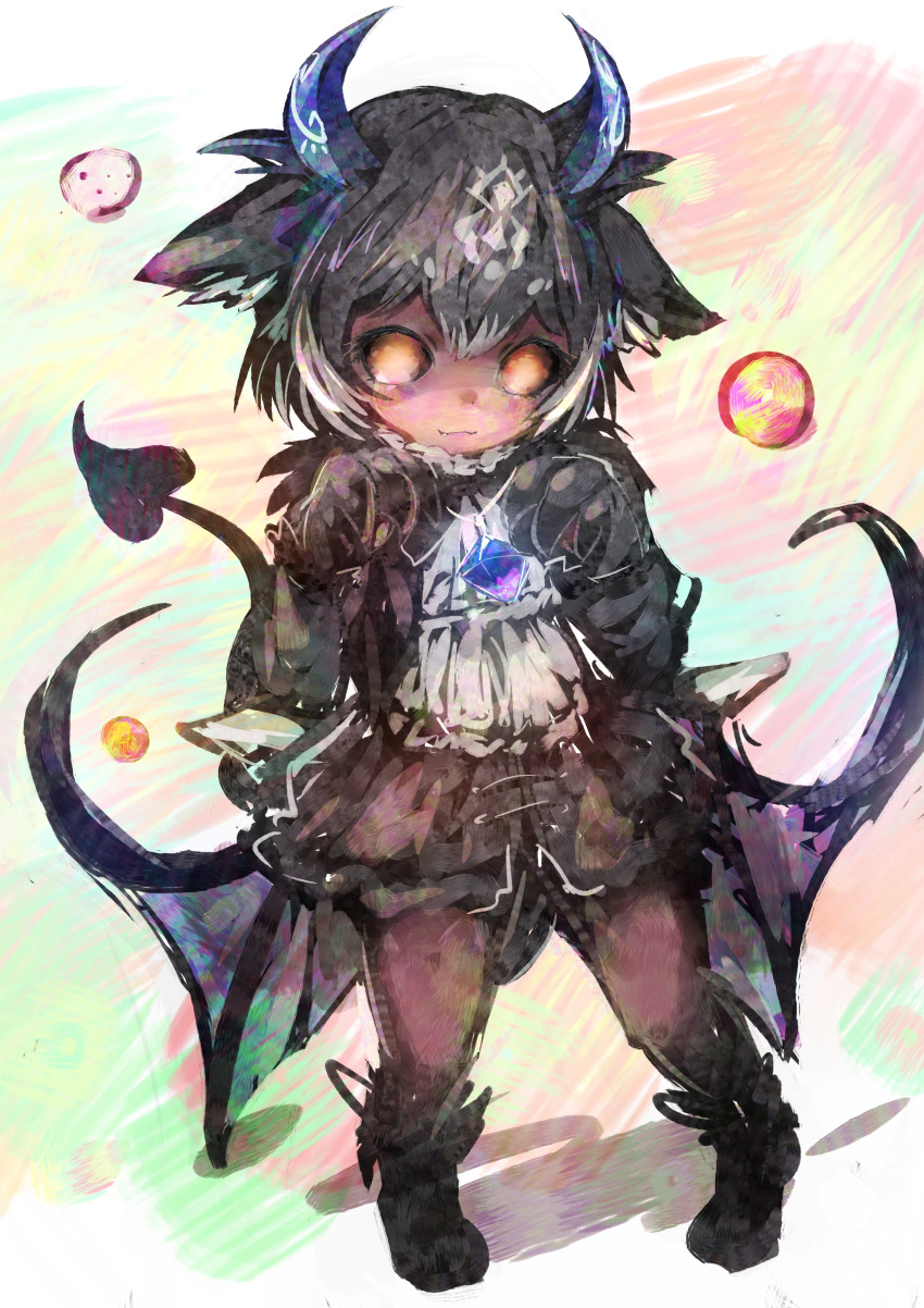 absurdres alternate_form animal_hands ascot black_hair black_sclera blouse blue_horns chibi closed_mouth colored_inner_hair colored_sclera commentary debidebi_debiru debiru-sama demon_girl demon_horns demon_tail demon_wings female full_body grey_hair head_tilt highres horns jewelry kemono_friends legs_apart light_smile long_sleeves looking_at_viewer maki_gamin medium_hair miniskirt multicolored_hair nijisanji no_pupils orange_eyes pantyhose paw_pose pendant shirt skirt solo standing tail tan virtual_youtuber wings