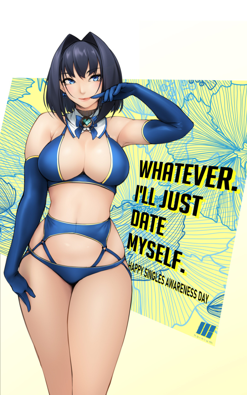 absurdres bad_id bad_pixiv_id bare_shoulders black_hair blue_bow blue_bowtie blue_bra blue_eyes blue_gloves blue_panties bow bow_earrings bowtie bra breasts cleavage commentary detached_collar earrings elbow_gloves english_commentary english_text female gloves hair_intakes hand_up highres ho2nium hololive hololive_english jewelry large_breasts looking_at_viewer medium_hair ouro_kronii panties revision solo standing tongue tongue_out underwear virtual_youtuber