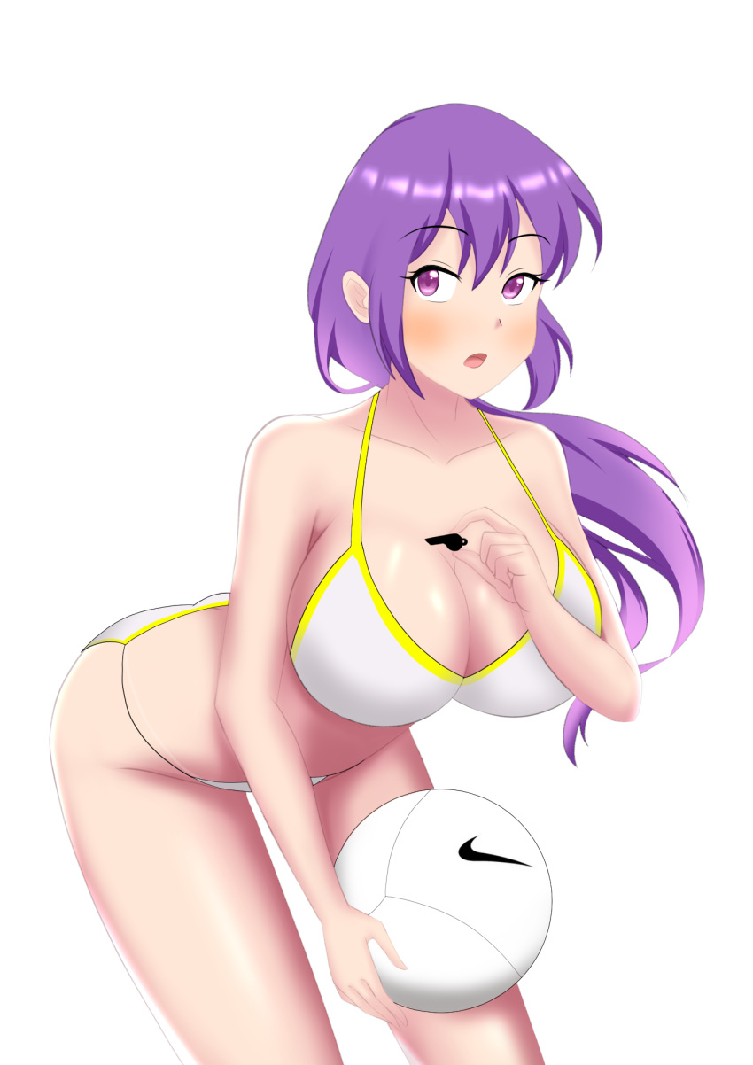 artist_name ball beach_volleyball bikini breasts female gym highres large_breasts mangakay84 original purple_hair self-upload solo sportswear swimsuit volleyball volleyball_(object) water_volleyball