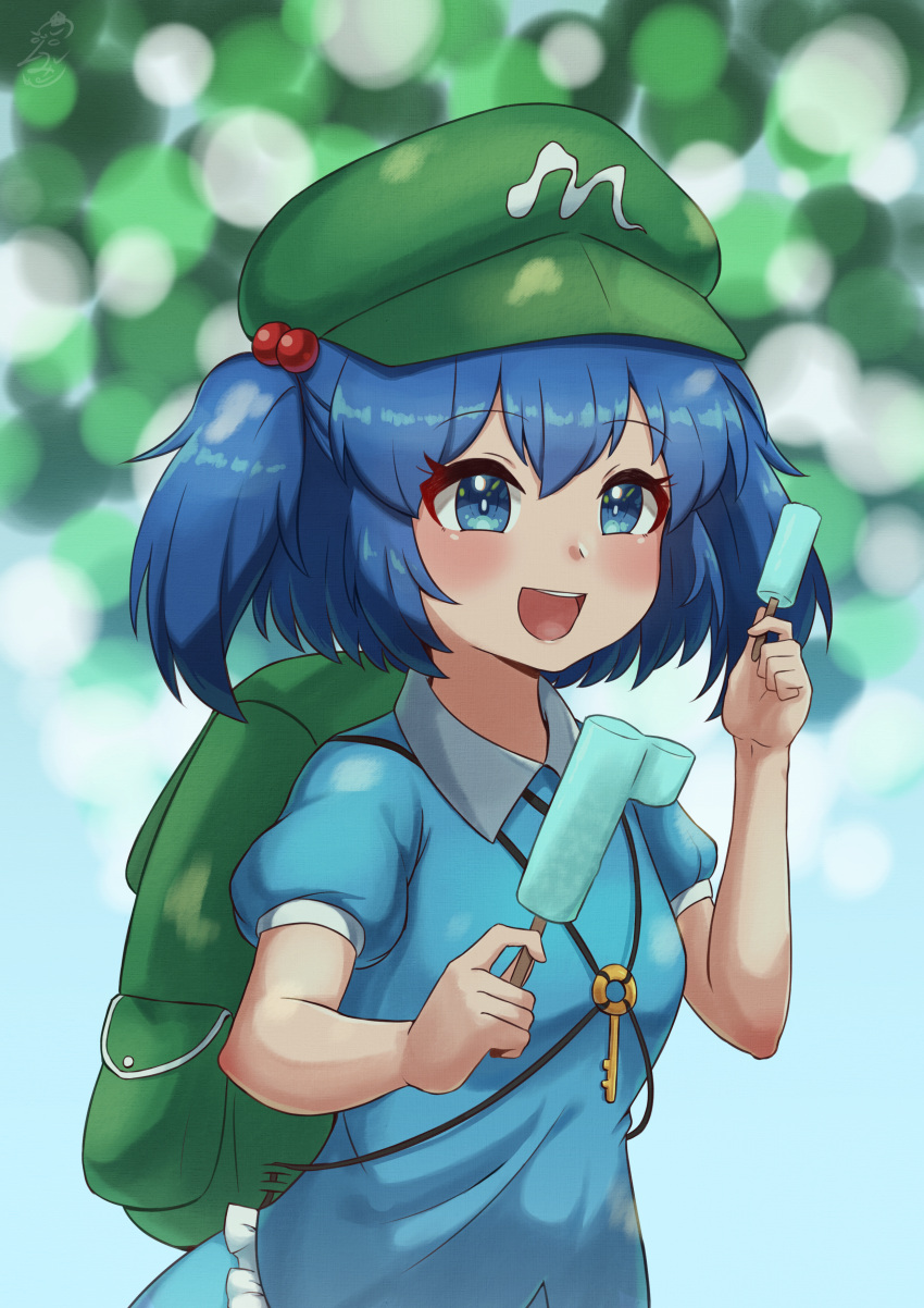 :d absurdres backpack bag blue_eyes blue_hair blue_shirt blue_skirt blurry blurry_background blush bokeh breasts bright_pupils commentary_request depth_of_field double_popsicle dual_wielding female food frills green_bag green_hat hair_bobbles hair_ornament hat highres holding holding_food kawashiro_nitori key medium_breasts open_mouth popsicle puffy_short_sleeves puffy_sleeves shirt short_hair short_sleeves signature simple_background skirt smile solo touhou tsugumi_amon two_side_up unequal_popsicle_division upper_body upturned_eyes wing_collar