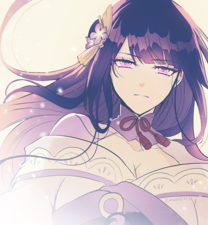 annerica breasts cleavage closed_mouth commentary female flower genshin_impact hair_flower hair_ornament highres japanese_clothes kimono large_breasts light_particles long_hair looking_at_viewer mole mole_under_eye purple_eyes purple_flower purple_hair raiden_shogun ribbon simple_background solo tassel white_background