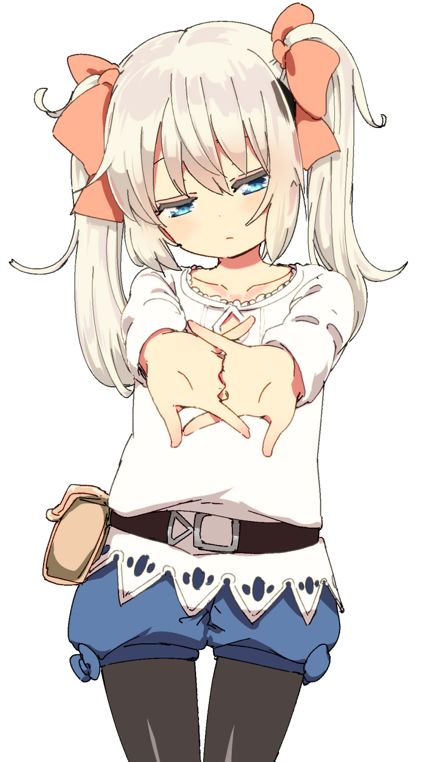 belt belt_pouch black_pantyhose blonde_hair blue_eyes blue_shorts blush bow closed_mouth cowboy_shot cracking_knuckles dot_nose female hairbow head_tilt highres hota interlocked_fingers latina_(uchi_no_musume_no_tame_naraba) long_sleeves orange_bow own_hands_together pantyhose pouch shorts simple_background solo stretching sweater twintails uchi_no_musume_no_tame_naraba_ore_wa_moshikashitara_maou_mo_taoseru_kamo_shirenai. white_background white_sweater