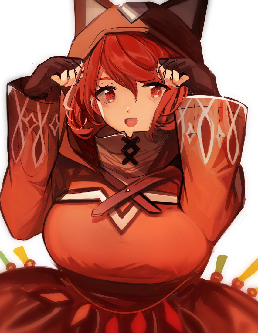 :d absurdres animal_ears animal_hood breasts brown_hood cat_ears disguised_pyra_(xenoblade) earrings female fingerless_gloves gloves highres hood hoodie jewelry large_breasts looking_at_viewer official_alternate_costume pyra_(xenoblade) red_eyes red_hair short_hair simple_background smile solo swept_bangs tarbo_(exxxpiation) xenoblade_chronicles_(series) xenoblade_chronicles_2