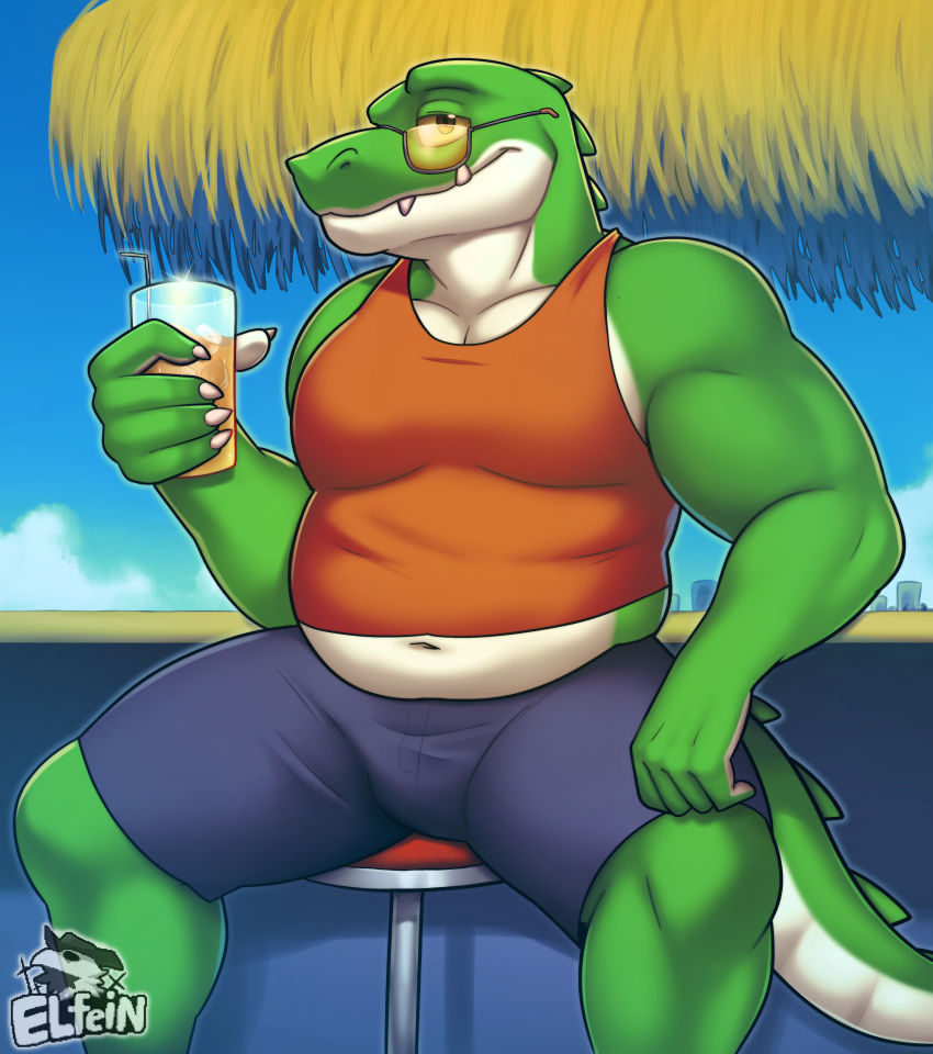 absurd_res alligator alligatorid anthro beach_bar beverage blue_bottomwear blue_clothing blue_shorts bottomwear clothing container cregon crocodile crocodilian crocodylid cup elfein eyewear furniture glass glass_container glass_cup green_body hi_res holding_object looking_at_viewer male multicolored_body orange_clothing orange_shirt orange_topwear reptile scalie shaded shirt shorts smile smiling_at_viewer solo stool sunglasses teeth topwear two_tone_body white_body