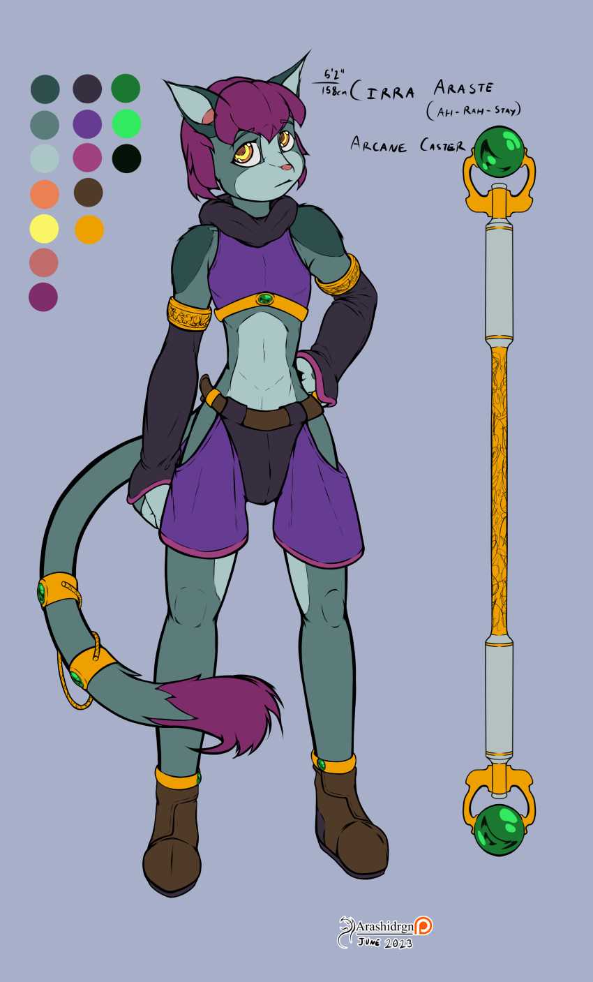 2023 absurd_res anthro arashidrgn boots clothed clothing design_sheet domestic_cat felid feline felis femboy footwear fur hair hi_res jewelry male mammal model_sheet simple_background solo staff text weapon