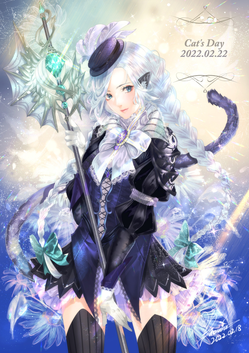 animal_ears bad_id bad_pixiv_id banamons black_dress black_hat black_thighhighs bow braid brooch cat_day cat_ears cat_tail dated dress female gloves green_bow hairbow hat hat_feather highres holding holding_staff jewelry looking_at_viewer original personification solo staff tail thighhighs twin_braids twintails white_bow white_gloves white_hair