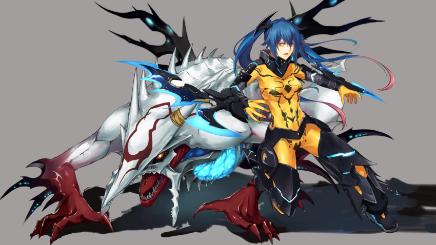 arm_blade bad_id bad_pixiv_id bandages blue_hair bodysuit claws colored_sclera female glowing glowing_eye grey_background haddred hair_between_eyes highres long_hair lower_teeth_only monster multicolored_hair open_hands open_mouth orange_eyes phantasy_star phantasy_star_online_2 pink_hair quna_(pso2) red_sclera ribs sharp_teeth shimotsuki_shio simple_background spikes teeth tongue twintails weapon wings yellow_eyes zelsius