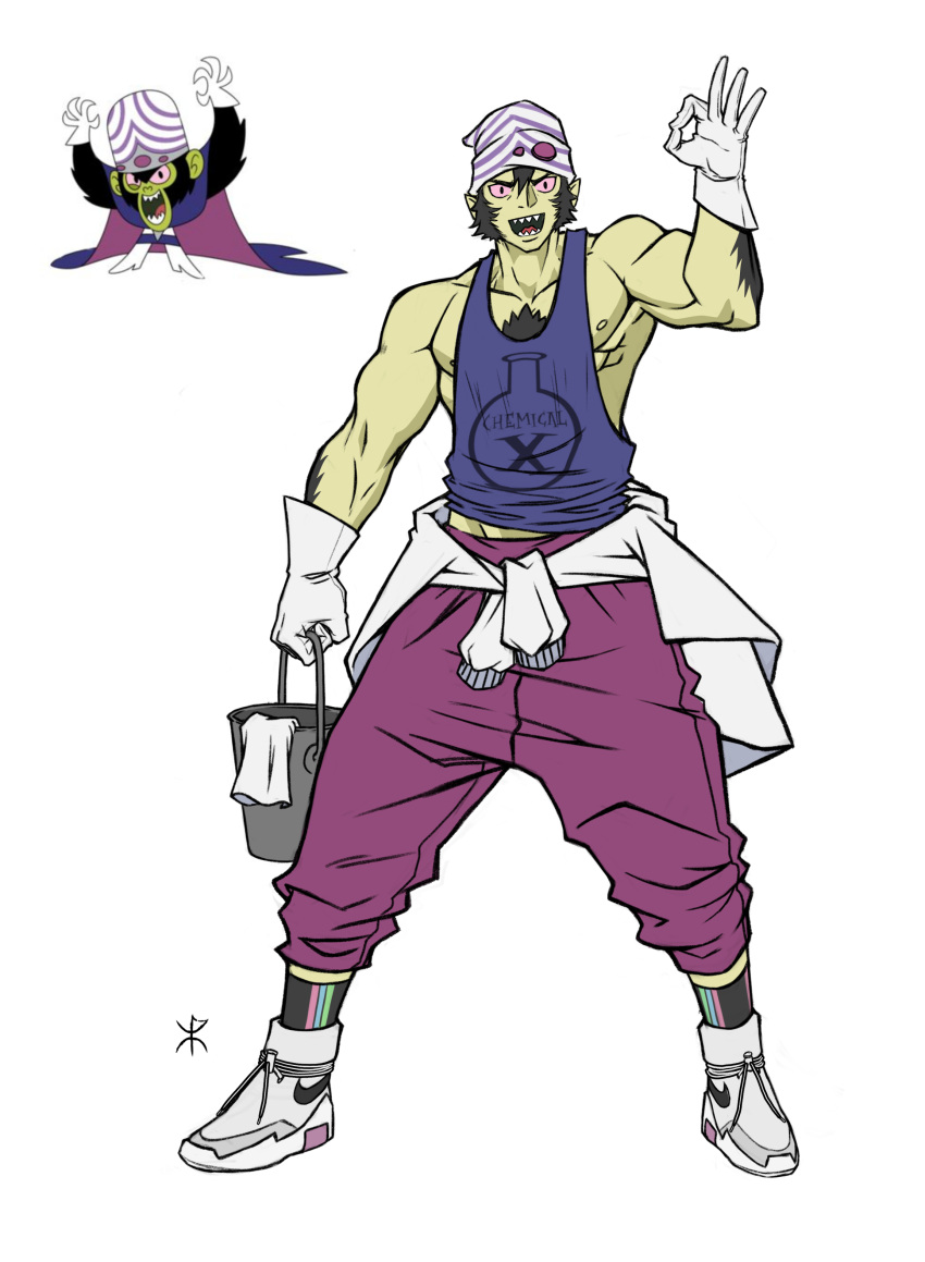 1boy absurdres apoloniodraws areolae arm_hair beanie black_hair blue_shirt bucket chest_hair clothes_around_waist colored_skin green_skin hat highres humanization jacket jacket_around_waist male_focus mojo_jojo muscular muscular_male nike_(company) ok_sign overalls powerpuff_girls shirt shoes sneakers socks solo stringer tank_top tied_sweater