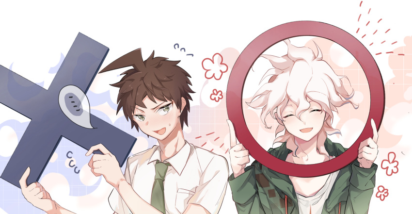 2boys :d absurdres ahoge breast_pocket brown_hair closed_eyes collared_shirt commentary danganronpa_(series) danganronpa_2:_goodbye_despair facing_viewer floral_print green_eyes green_jacket green_necktie hands_up highres hinata_hajime holding hood hooded_jacket jacket komaeda_nagito long_sleeves looking_at_viewer male_focus messy_hair midou_(grk12138) multiple_boys necktie open_mouth pocket shirt short_hair short_sleeves smile speech_bubble upper_body white_hair white_shirt x