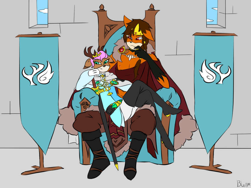 4:3 anthro azrael_skyheart blury cape chair clothed clothing deer duo enemies femboy furniture hi_res horn humanoid inside king male male/male mammal maned_fox melee_weapon omegaverse on_chair on_lap ragnar_flamesoul royalty sitting sitting_on_chair sitting_on_lap size_difference sword weapon