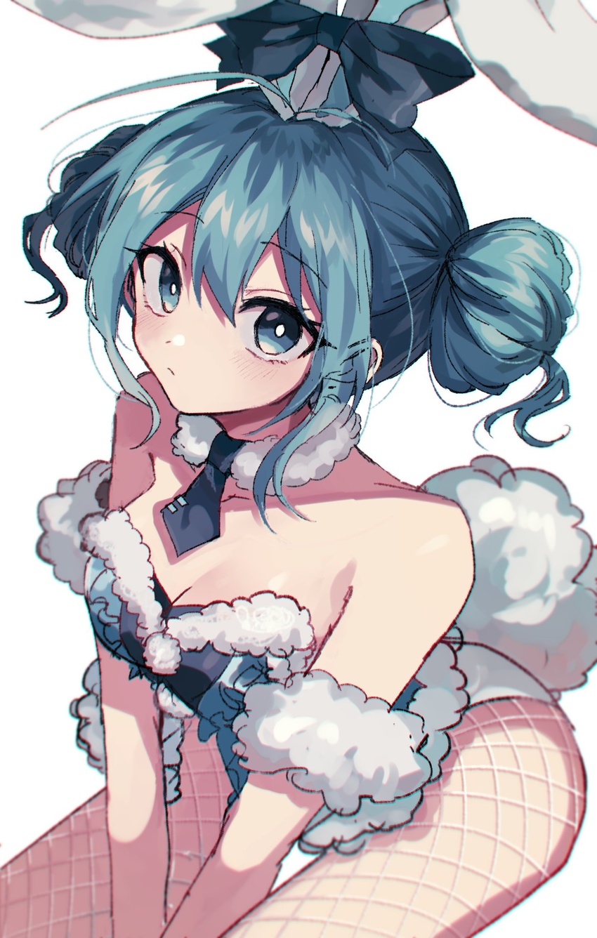 animal_ears aqua_dress aqua_hair bare_shoulders between_legs bicute_bunnies_miku black_bow black_necktie bow commentary danjou_sora double_bun dress female fishnet_pantyhose fishnets from_above fur-trimmed_dress fur_trim hair_bun hand_between_legs hatsune_miku highres looking_at_viewer necktie pantyhose rabbit_ears rabbit_girl rabbit_tail short_hair short_necktie sitting solo tail tied_ears vocaloid white_background white_legwear