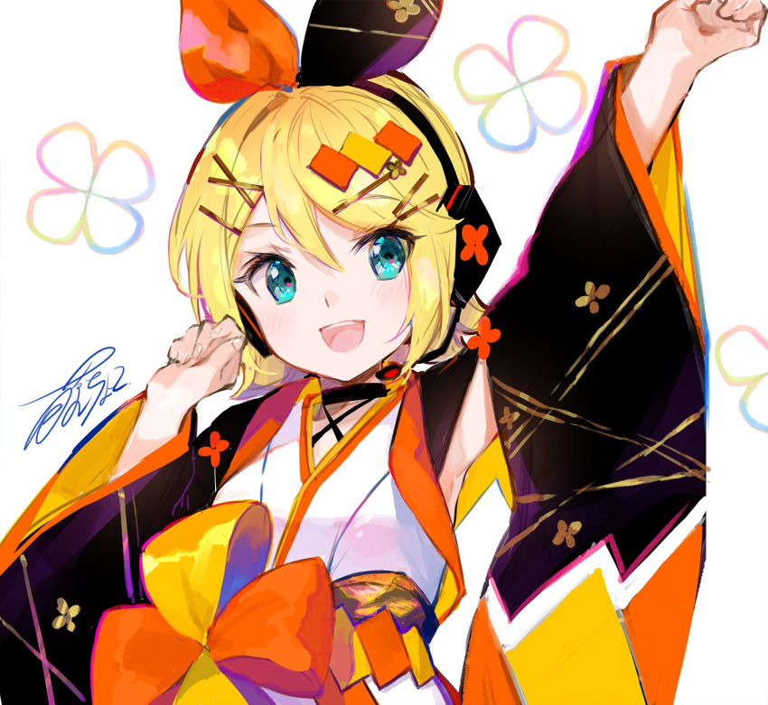 aqua_eyes arms_up black_bow blonde_hair bow cherry_blossom_print commentary female floral_print fuzichoco hair_ornament hairbow hairclip headphones highres japanese_clothes kagamine_rin kimono looking_at_viewer magical_mirai_(vocaloid) magical_mirai_rin magical_mirai_rin_(2020_summer) orange_bow short_hair signature smile solo swept_bangs two-tone_bow upper_body vocaloid white_background white_kimono wide_sleeves yukata