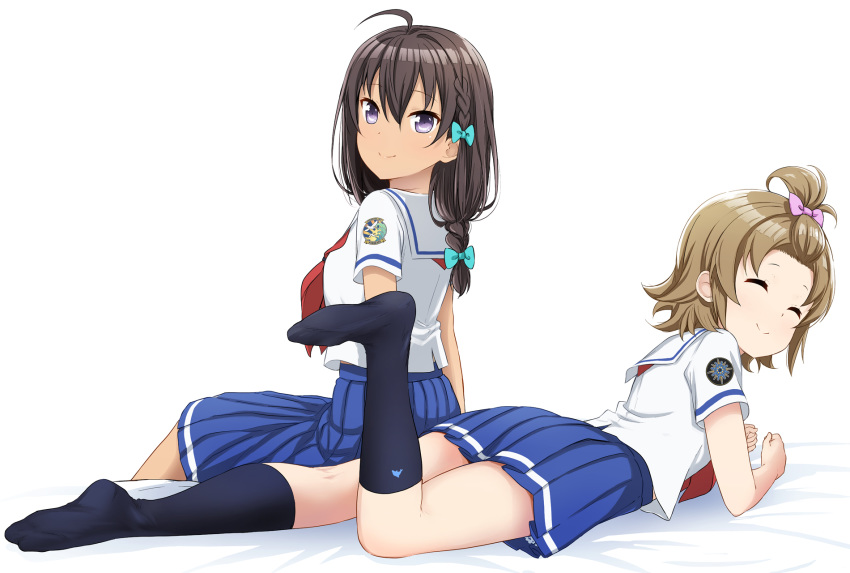 2girls abe_kanari ahoge black_legwear blue_bow blue_eyes blue_skirt bow braid brown_hair closed_eyes closed_mouth collared_shirt commentary_request hairbow high_school_fleet highres kneehighs long_hair lying medium_skirt miniskirt multiple_girls neckerchief on_stomach photoshop_(medium) pink_bow pleated_skirt red_neckerchief sailor_collar sailor_shirt school_uniform serafuku shirt simple_background sitting skirt smile socks tied_hair uchida_mayumi white_background white_sailor_collar white_shirt yamashita_hideko yokosuka_girls_marine_high_school_uniform