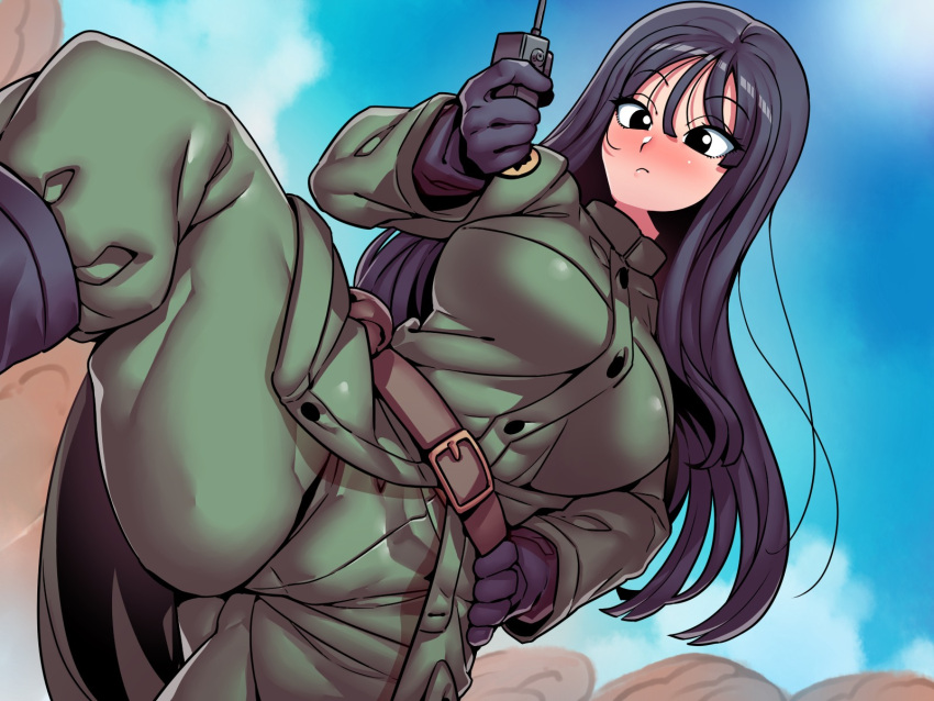 1girls areolae armpits bangs black_eyes black_gloves black_hair blush boots breasts breasts_apart censored cloud dark_hair day dragon_ball dragon_ball_(classic) eyebrows_visible_through_hair female female_focus female_only from_below gloves groin hand_on_hip hand_up hi_res holding human human_only large_breasts legs long_hair looking_at_viewer mai_(dragon_ball) mosaic_censoring navel outdoors pussy sky solo standing thighs tsuki_wani tsukiwani tukiwani vagina walkie-talkie