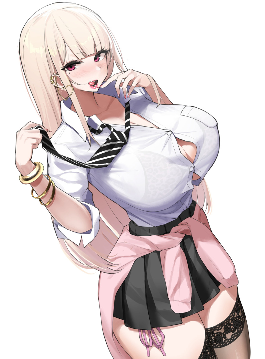 1girls 2d_(artwork) absurdres animal_print big_breasts black_legwear black_necktie black_skirt blonde_hair blush bracelet breasts bursting_breasts button_gap cardigan cardigan_around_waist clothes_around_waist earrings female female_only gyaru heart heart_earrings hi_res highres huge_breasts jewelry large_breasts lips lipstick long_hair long_nails looking_at_viewer makeup mole mole_under_eye nail_polish nakamura_misaki nanae necktie original original_character pink_eyes red_eyes shirt simple_background skirt solo solo_female thick_thighs thighhighs thighs tongue tongue_out white_background white_shirt